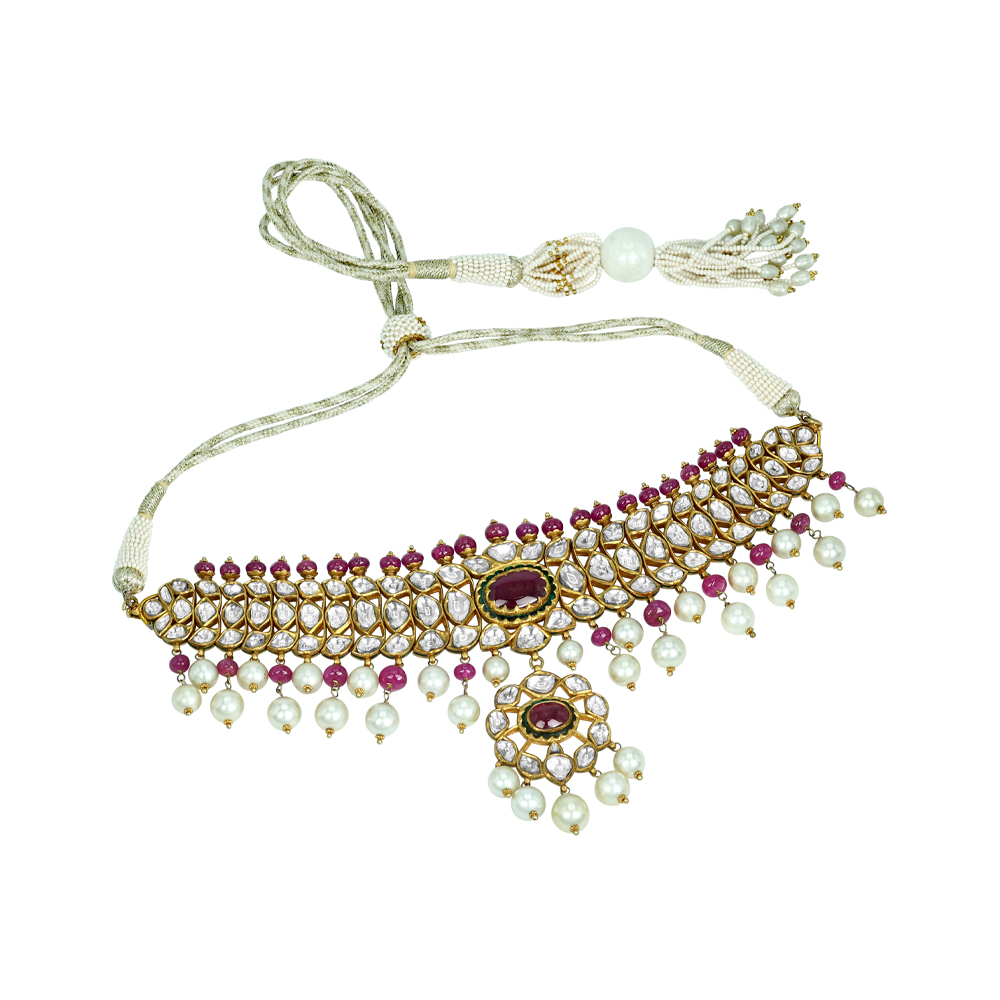 Polki Choker Set with Ruby Cabochons, Pearl Drops, and Pendant